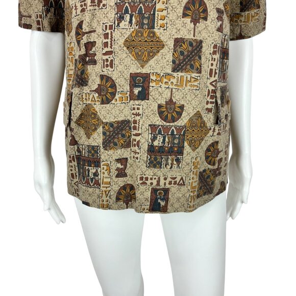 Vintage 50s Egyptian Top Women's Medium Novelty Print Brown Button Back Cotton - Picture 6 of 10